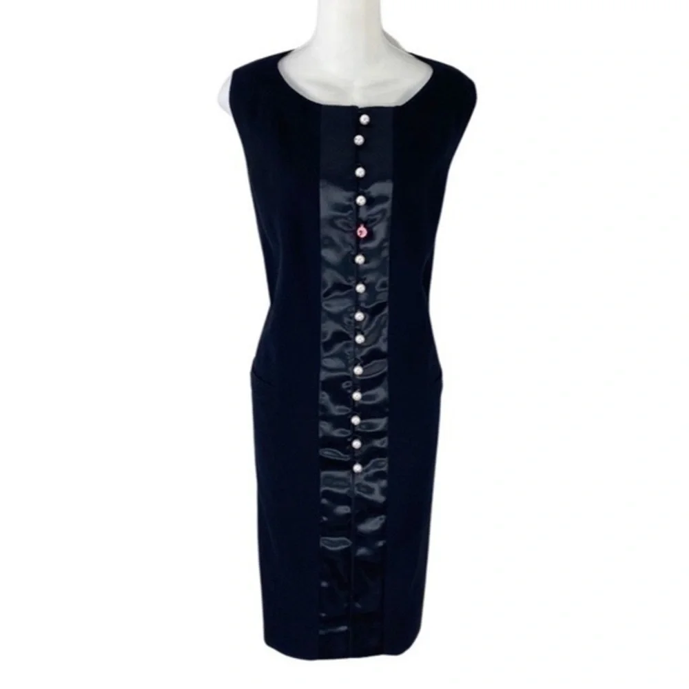 Edward Achour Paris Black Wool Silk Faux Pearl Button Shift Dress 14 W8